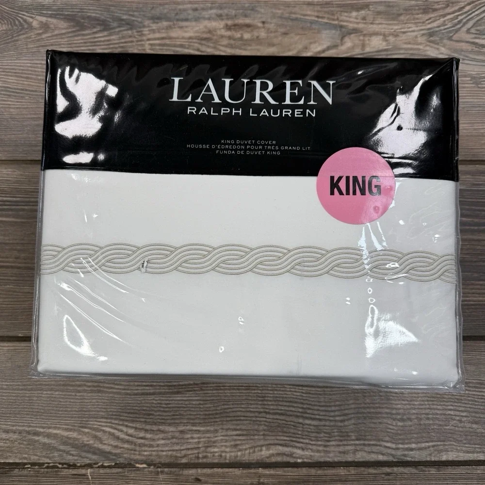 Ralph Lauren KING Spencer Duvet Cable Embroidery White Flax Cotton NEW $470